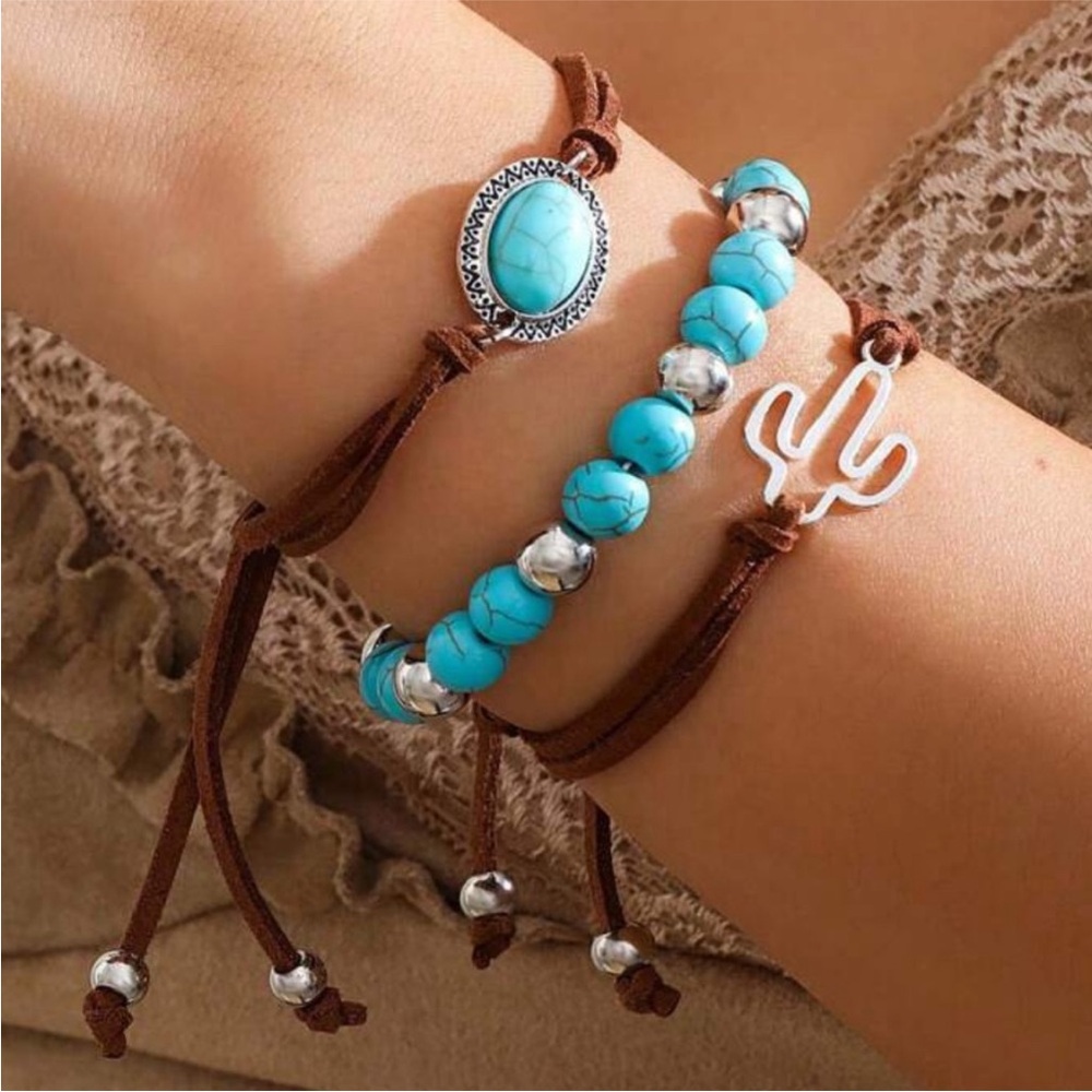 Bohemian Turquoise and Silver Beaded Adjustable Bracelet Set